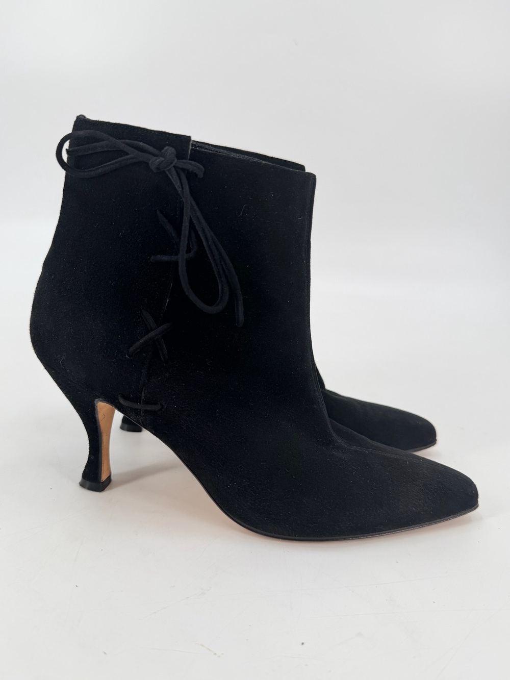 Manolo Blahnik Black Suede Dainty Lace Up Ankle Boots Heels 37.5 Quiet Luxury
